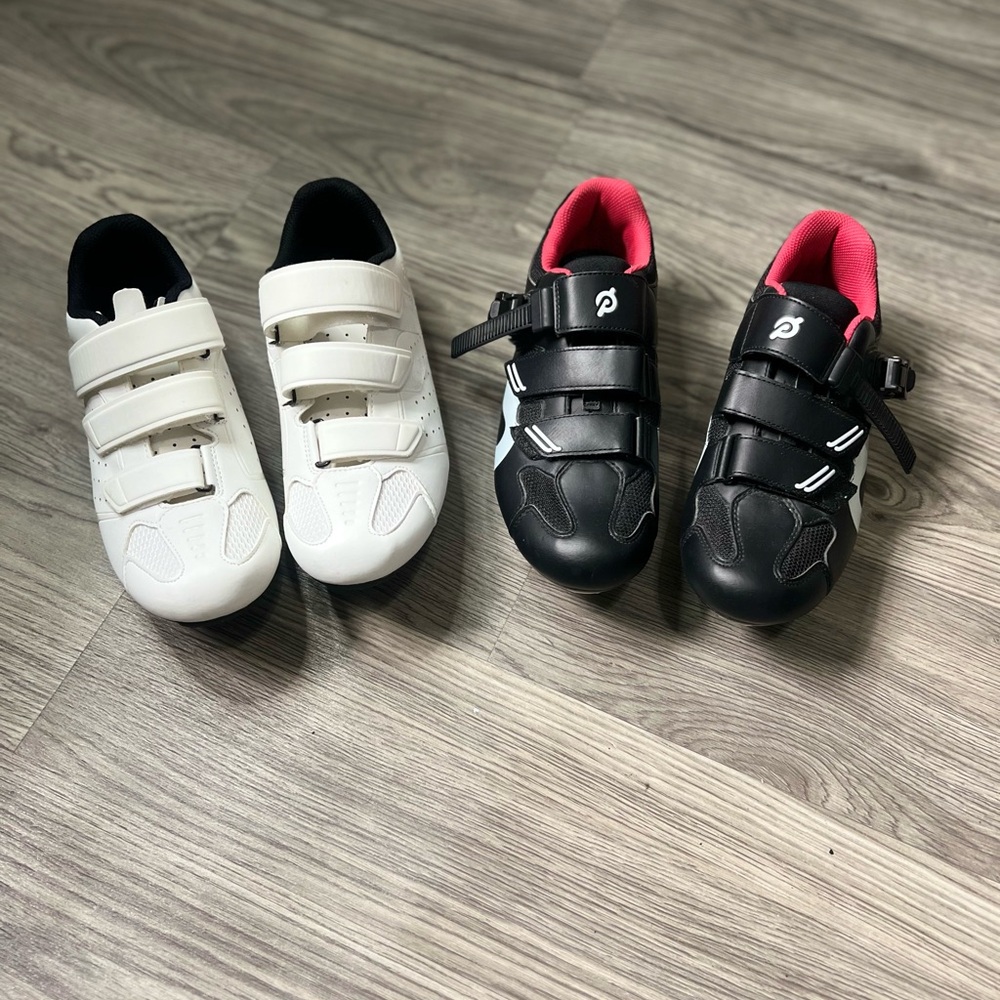 Peloton Black Red and White Cycling Shoes+Roknemo white Cycling shoes and cleats